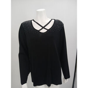 Misook Womens Black Rhinestone Crystal Top Size L Holiday Party Occasion